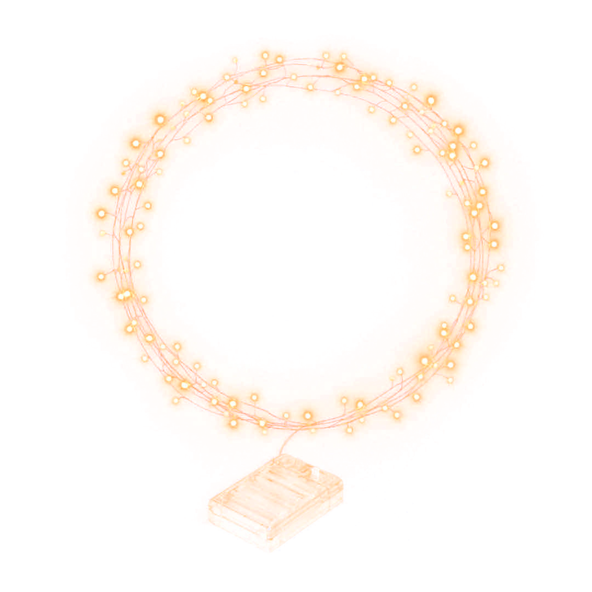 Warm white battery fairy light string glowing in a ring