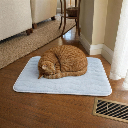 Orange tabby cat asleep on the CozyCat Mat beside a floor heating vent
