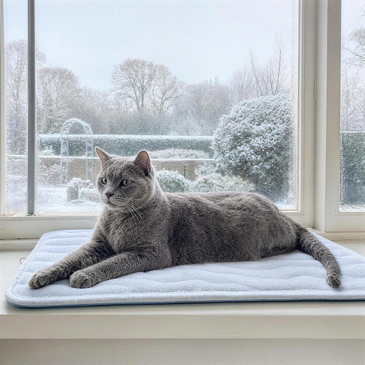 Senior grey cat on the CozyCat Mat on a winter windowsill