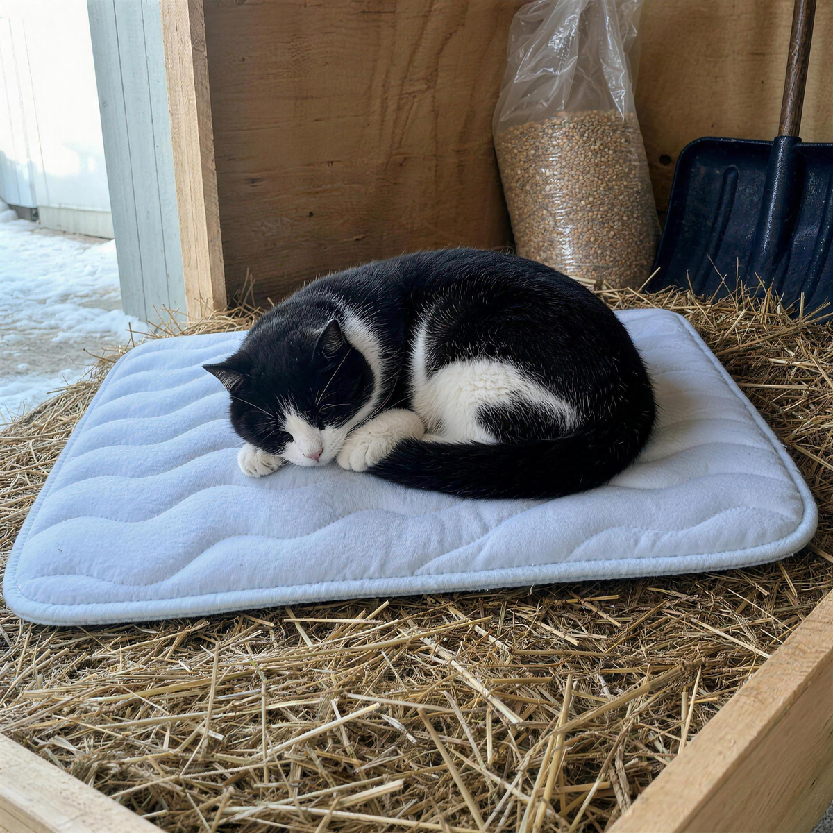Barn cat asleep on the CozyCat Mat in an outdoor garage shelter