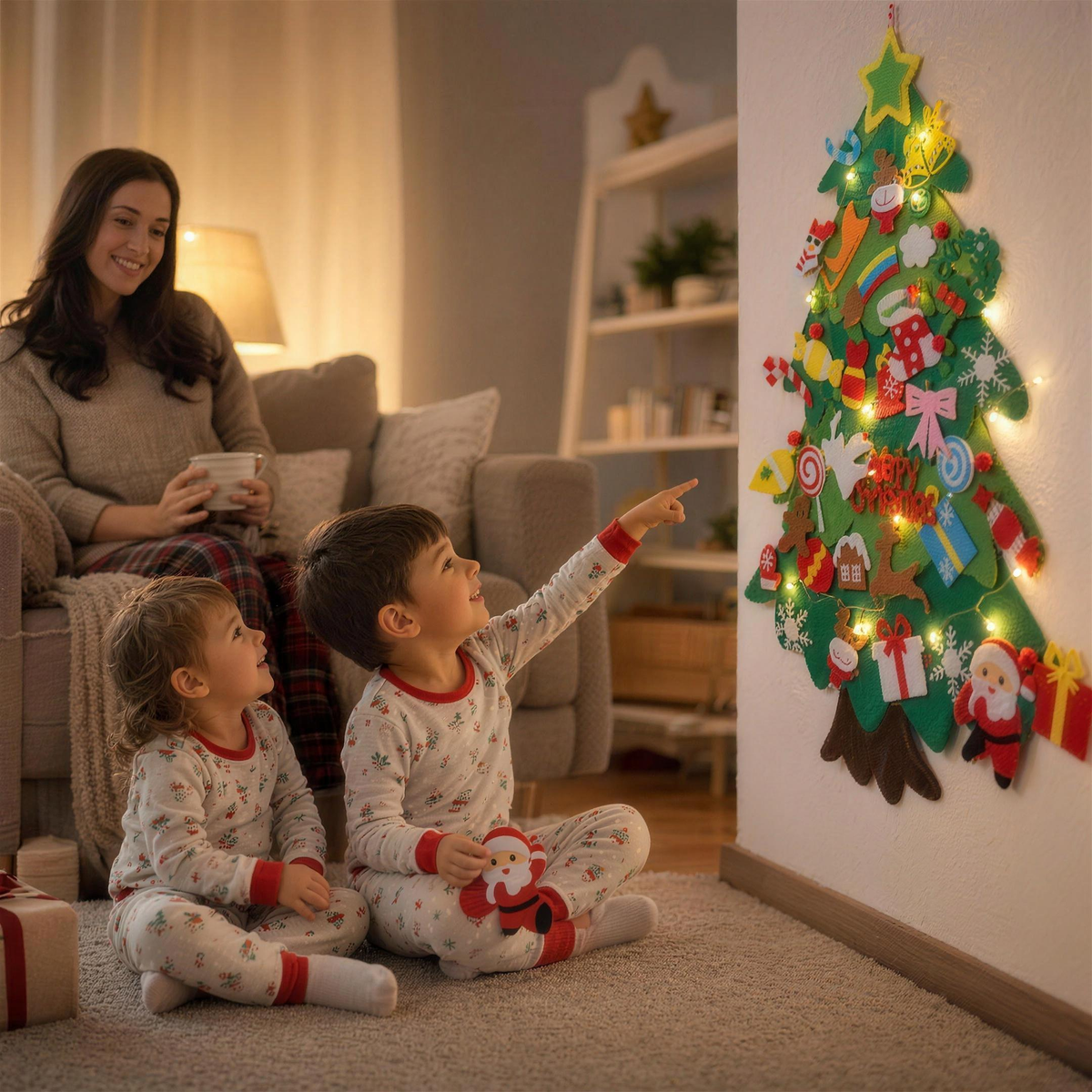 Siblings in Christmas pajamas pointing at the glowing TinselTots felt tree