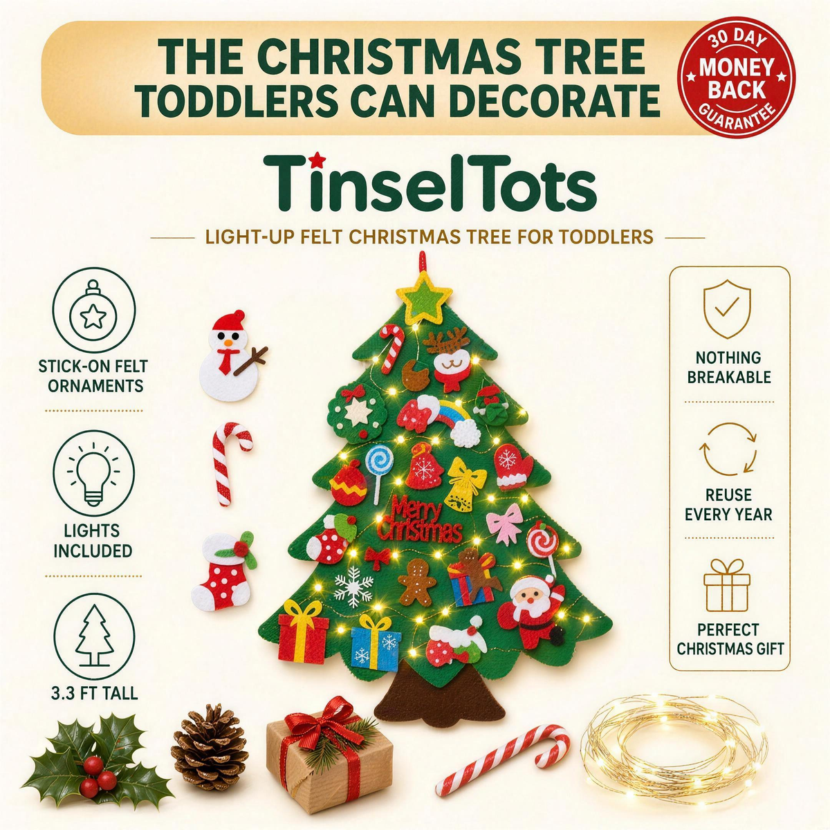 TinselTots light-up felt Christmas tree for toddlers: features overview
