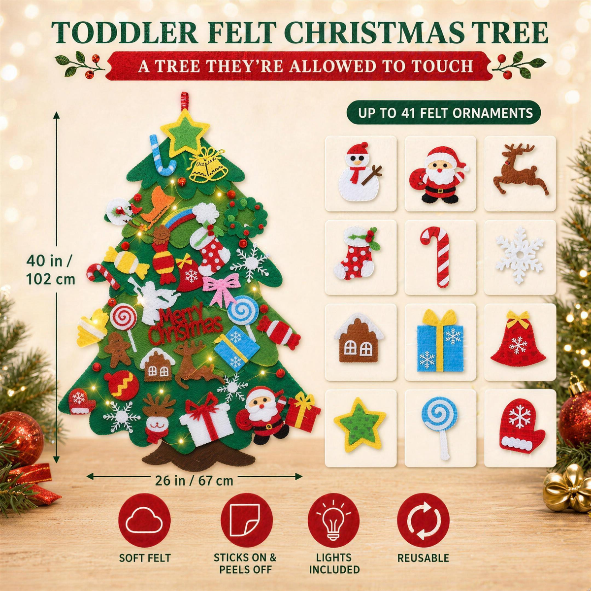 TinselTots specs: 40 in by 26 in felt tree, up to 41 felt ornaments